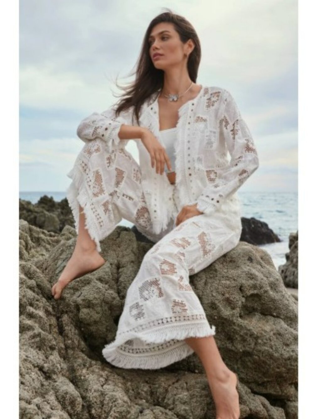 Johnny Was Minca Wide Leg Embroidery Fringe Hem Pull On Pants